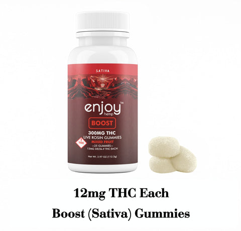 Enjoy Hemp Delta 9 Live Rosin Gummies with a label indicating 'BOOST SATIVA', 300mg Delta 9 THC live rosin, mixed fruit flavor, and 25 gummies per bottle. Enjoy Hemp Delta 9 Live Rosin Gummies with a label indicating 'BOOST SATIVA', 300mg Delta 9 THC live rosin, mixed fruit flavor, and 25 gummies per bottle.