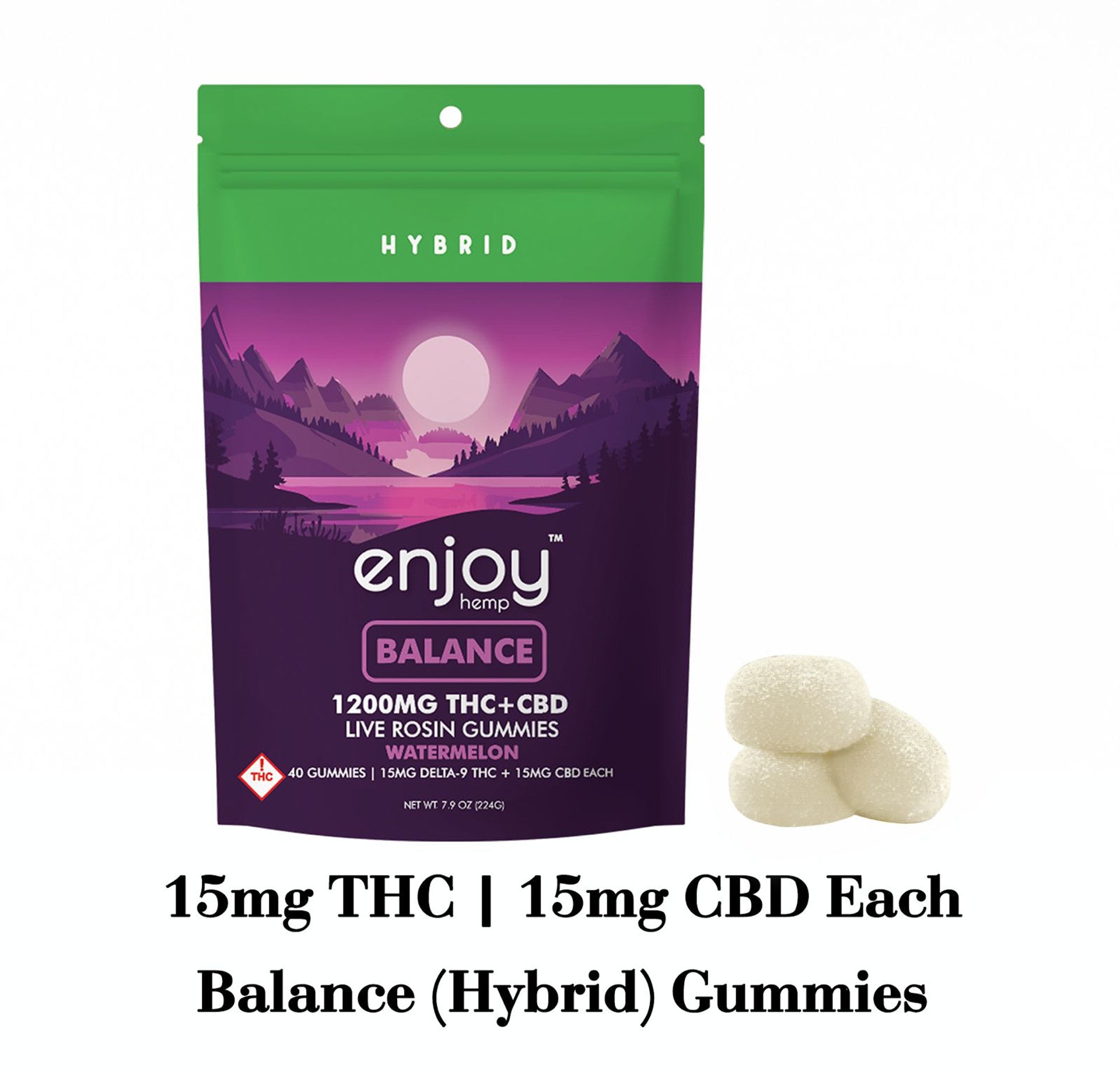 Enjoy Hemp Balance Hybrid Gummies packaging with 40ct gummies Bag
