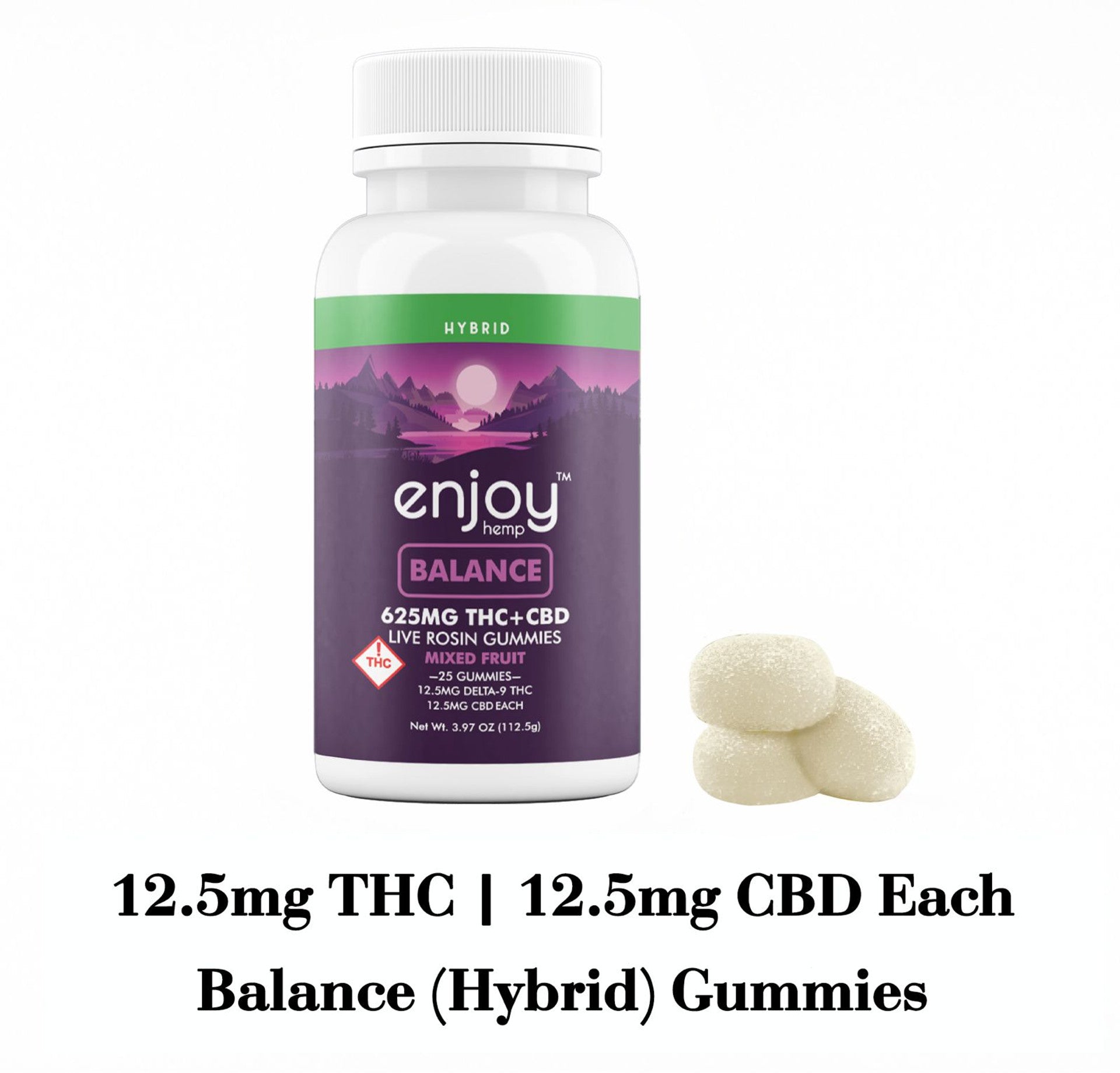 Enjoy Balance THC and CBD gummies with 25 gummies per bottle