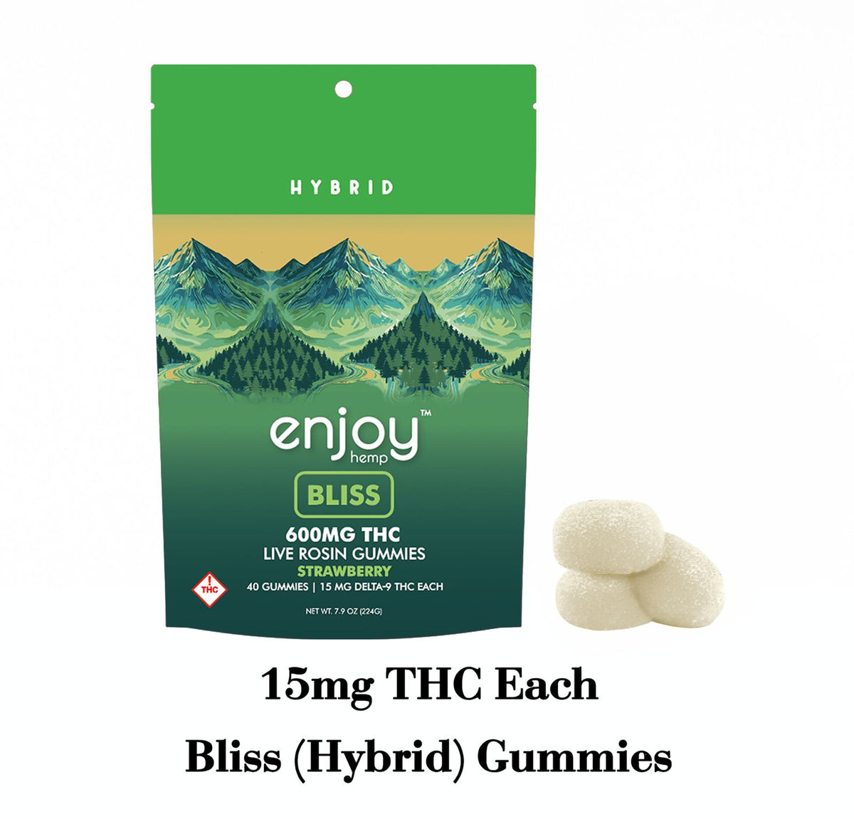 Enjoy Hemp Bliss Hybrid Gummies with mountains on the label.