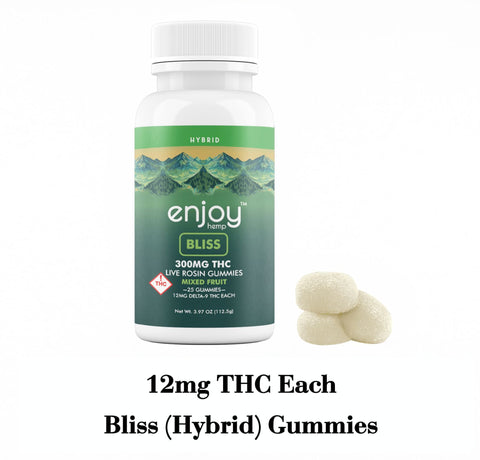 Enjoy Hemp Delta 9 Live Rosin Gummies with Bliss Hybrid strain, featuring strawberry flavor. 