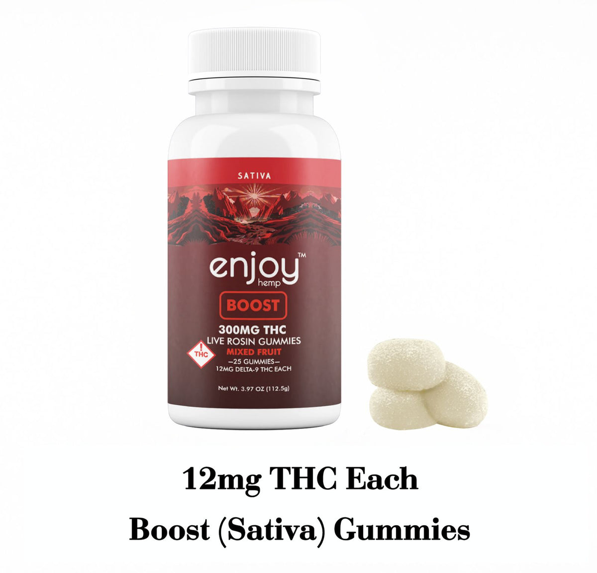 Enjoy Hemp Delta 9 Live Rosin Gummies with a label indicating 'BOOST SATIVA', 300mg Delta 9 THC live rosin, mixed fruit flavor, and 25 gummies per bottle.