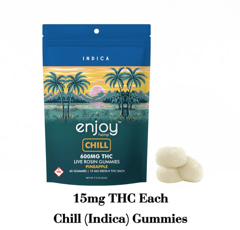 Enjoy Hemp Chill Indica gummies packaging with gummies on a white background