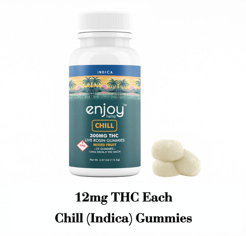 Enjoy Chill Indica Gummies with 25 gummies per bottle