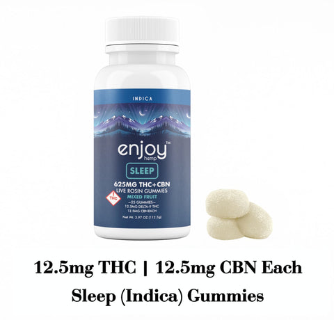 Enjoy Sleep (Indica) Gummies with 25 gummies per bottle