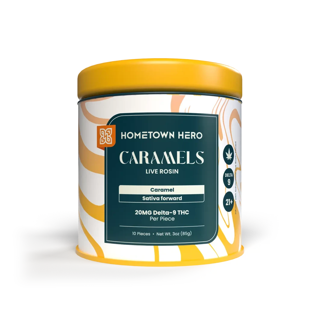 Container of Hometown Hero Caramels Live Rosin